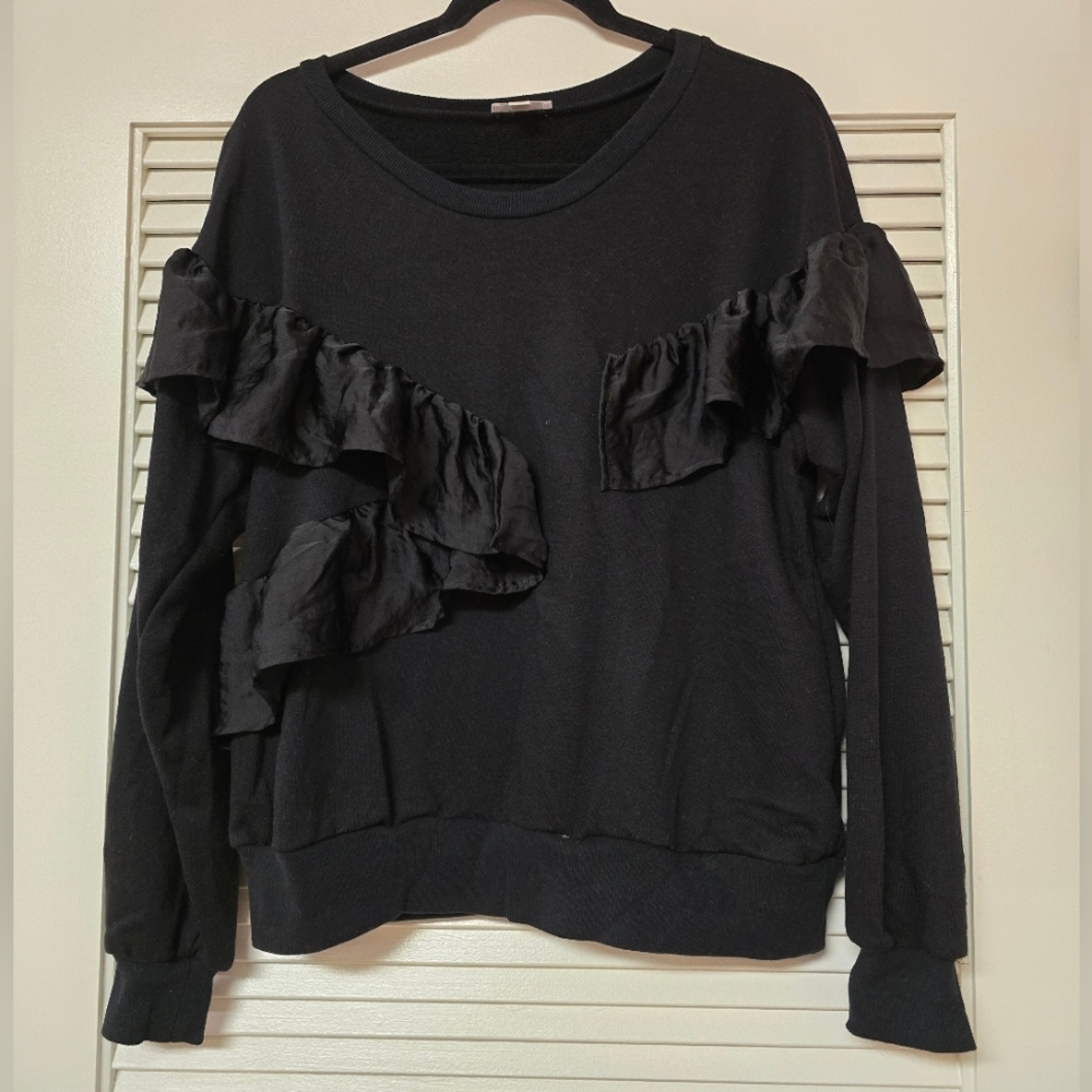 Black Ruffle Detail Pullover Long-Sleeve  Top